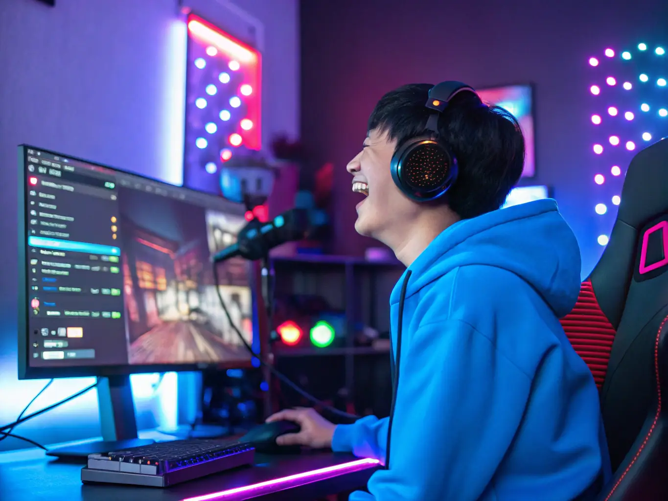 A streamer in a high-tech gaming setup with multiple monitors, neon lighting, and engaging overlay graphics, interacting with an active chat.