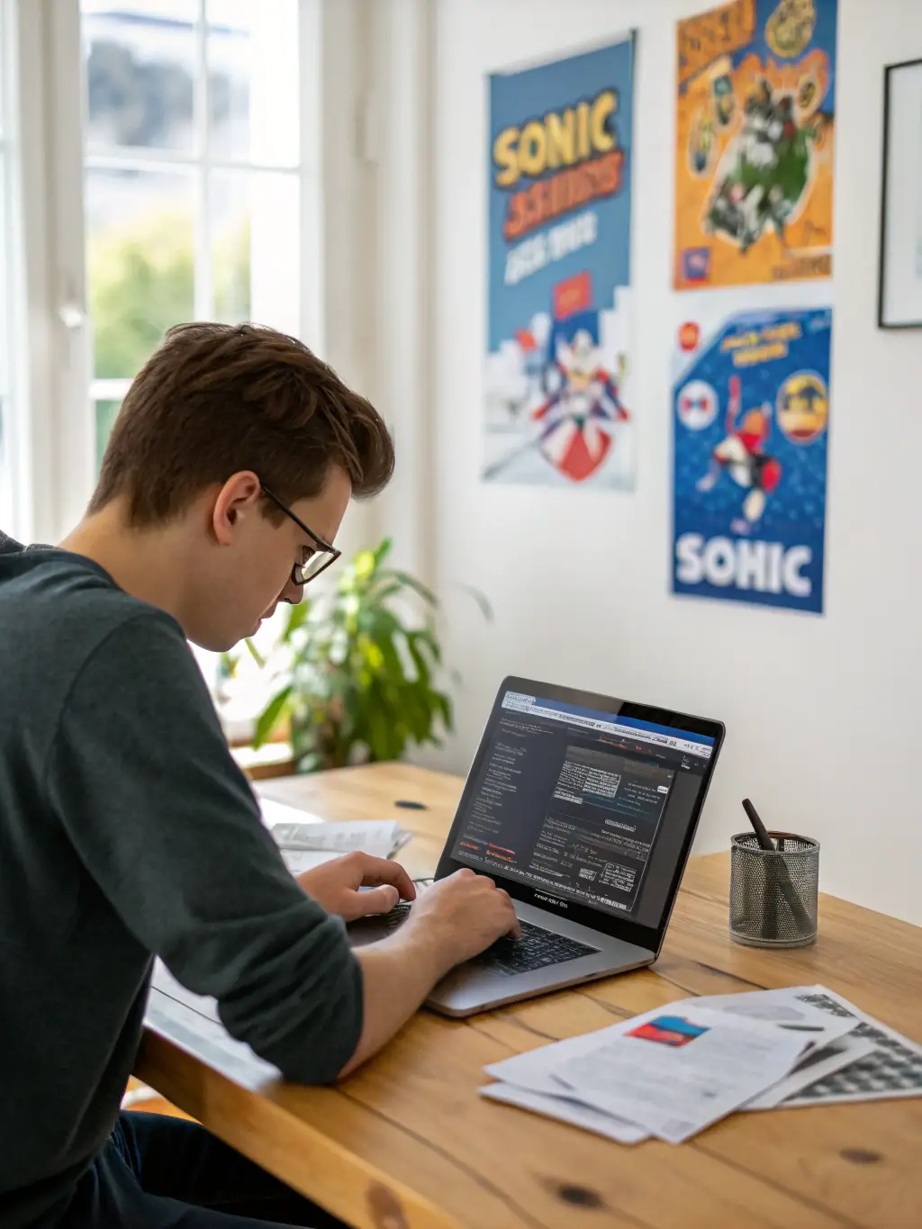 A dedicated eSports team manager analyzing player statistics and coordinating team strategies in a modern, high-tech gaming facility, emphasizing the strategic planning involved in eSports team management.