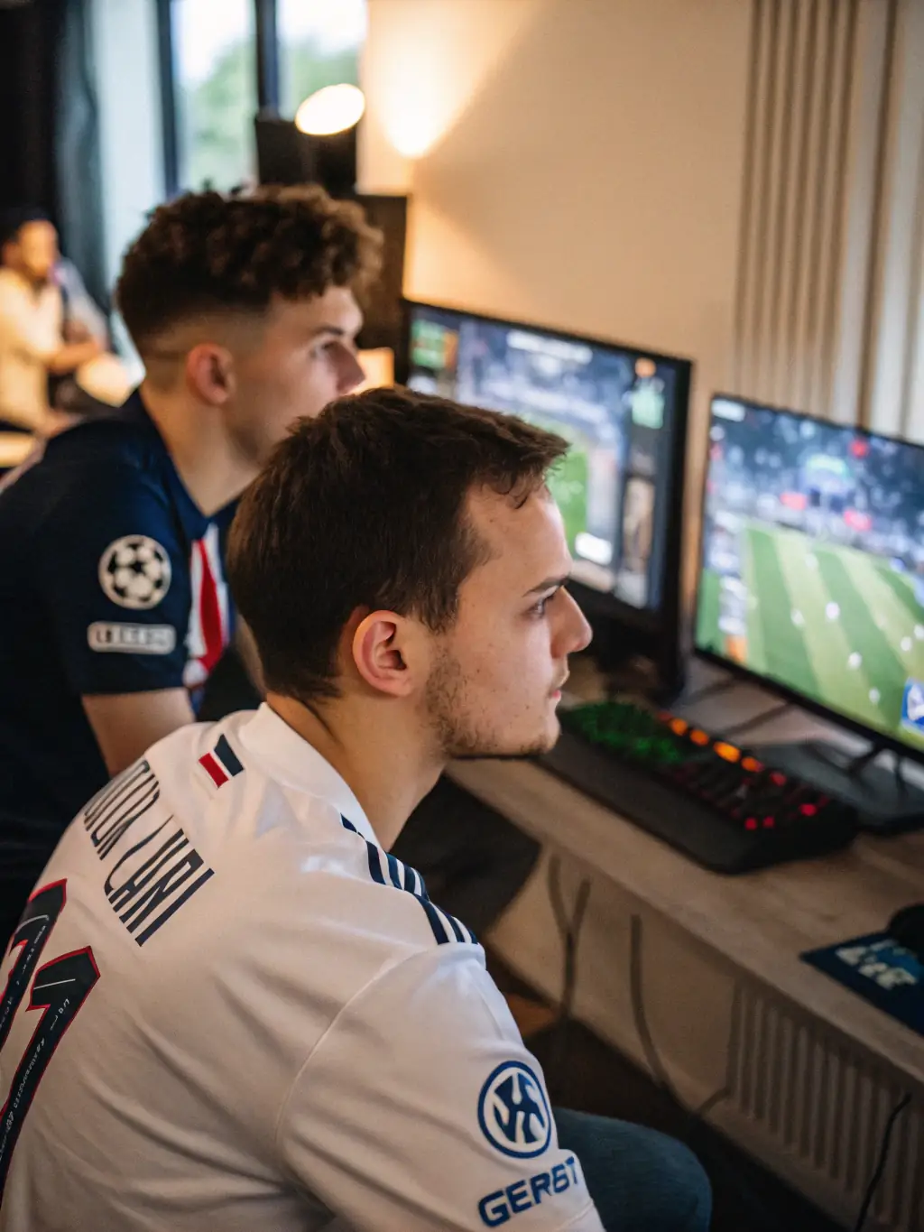 A team of gamers strategizing around a gaming setup with monitors displaying tournament brackets, neon accents highlighting the scene.