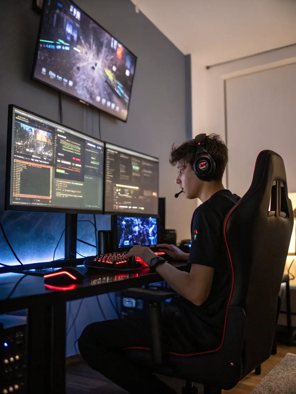 An intense coaching session with a professional gamer guiding a player via screen sharing, with gaming peripherals in the background illuminated by neon lights.
