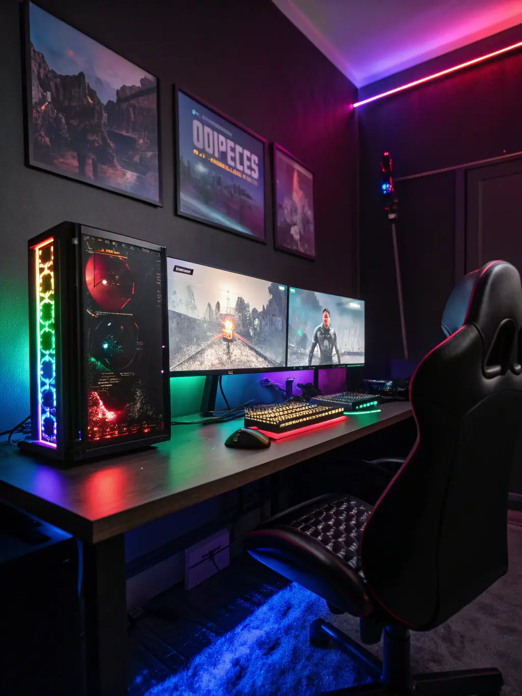 A sleek gaming room with high-end hardware, neon accents, and ergonomic furniture, showcasing a professional gaming environment.