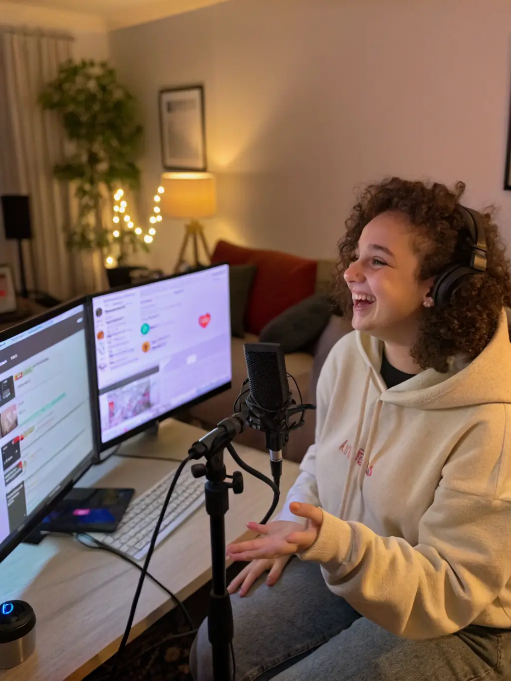 A streamer with professional lighting and high-quality equipment engaging with their audience during a live broadcast, highlighting the importance of setup and engagement in streaming and content growth.